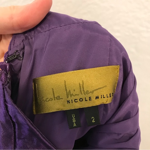 Vintage Nicole Miller Ruched Bodycon Mini Dress Purple Taffeta 2 - Picture 8 of 9
